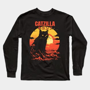 Catzilla Japanese Kanji Retro Mountain Sunset Cat Lover Long Sleeve T-Shirt